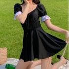 Bell-sleeve Two-tone Swim Dress