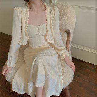 Strappy Midi A-line Dress / Ruffle Trim Cardigan