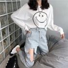 Smile Print Long-sleeve T-shirt / Distressed Straight-cut Jeans