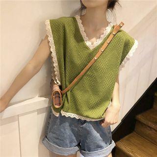 Lace Trim Vest Green - One Size