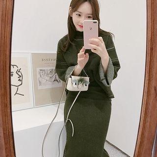 Set: Mock-neck Sweater + Midi Fitted Knit Skirt Green - One Size