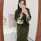 Set: Mock-neck Sweater + Midi Fitted Knit Skirt Green - One Size