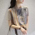 Short-sleeve Patterned Knit Top Gray & Brown - One Size