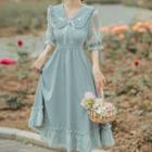 Short-sleeve Embroidered Collar Frill Trim Midi A-line Dress