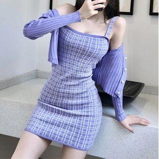 Cropped Cardigan / Spaghetti Strap Check Knit Mini Bodycon Dress