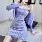 Cropped Cardigan / Spaghetti Strap Check Knit Mini Bodycon Dress