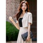 Set: One-button Crop Blazer + Long Pleated Skirt Brown - One Size