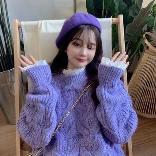 Long-sleeve Mock-neck Lace Top / Plain Sweater / Set