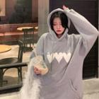 Heart Print Hoodie With Lining - Gray - One Size