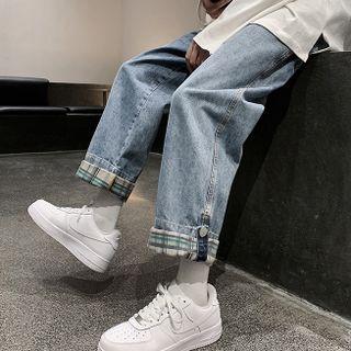 Gingham Panel Wide Leg Jeans