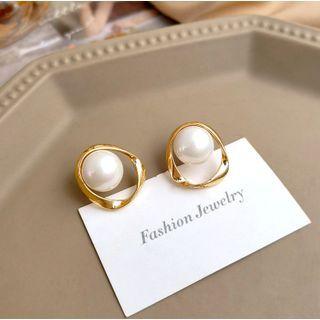 Faux Pearl Twisted Alloy Hoop Earring 1 Pair - S925 Silver - White & Gold - One Size