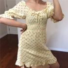 Floral Square-neck Puff-sleeve Ruffled-trim Dress