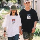 Couple Matching Mountain Print Elbow-sleeve T-shirt