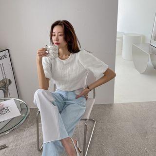 Faux-pearl Trim Mesh-overlay Blouse