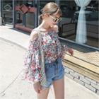 Off-shoulder Ruffle-sleeve Floral Chiffon Top