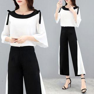 Set: Bell-sleeve Two-tone Chiffon Top + Panel Wide-leg Pants