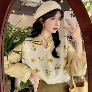 Set : Print Cropped Vest + Long-sleeve Shirt
