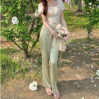 Set: Puff-sleeve Asymmetrical Cropped Blouse + Loose Fit Pants