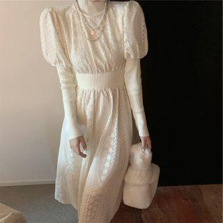 Set: High Neck Knit Top + Puff Sleeve Eyelet Lace A-line Dress