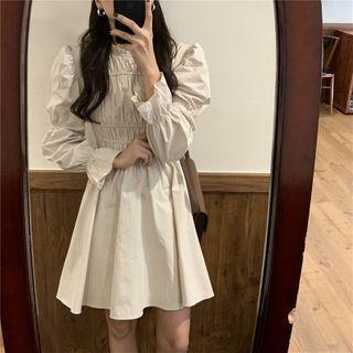 Bell-sleeve Ruched Mini A-line Dress Beige - One Size