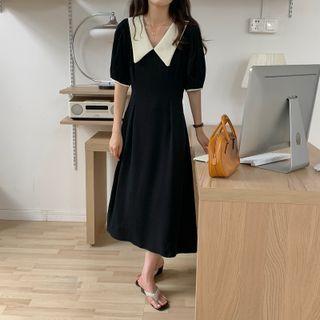Puff-sleeve Lapel Tie-strap Dress