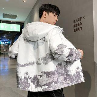 Lettering Splatter Print Hooded Zip Jacket