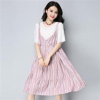 Set: Elbow-sleeve T-shirt + Striped Spaghetti Strap Dress