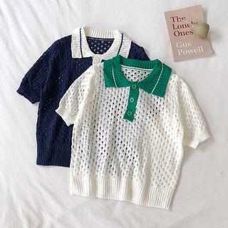 Contrast Collar Open Knit Short-sleeve Knit Top