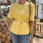 Short-sleeve Blouse With Sash Yellow - One Size
