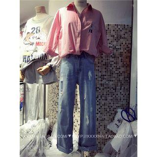 3/4-sleeve Embroidered Striped Shirt