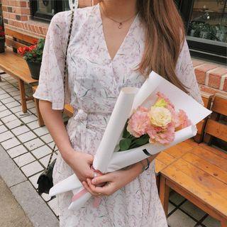 Floral Print Short-sleeve A-line Wrap Chiffon Dress