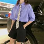 Short-sleeve Shirt / Plaid Tie / High Waist Shorts / Set