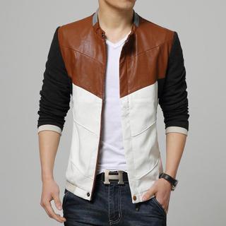 Color-block Faux Leather Panel Zip Jacket