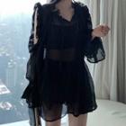 Ruffle Trim Cut-out Lantern-sleeve Blouse Black - One Size