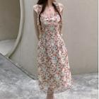 Sleeveless Flower Print Midi A-line Dress / Ruffle Light Jacket
