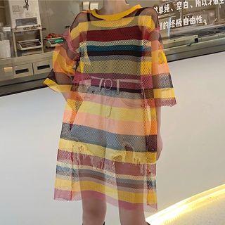 Set: Elbow-sleeve Striped T-shirt + Camisole Top