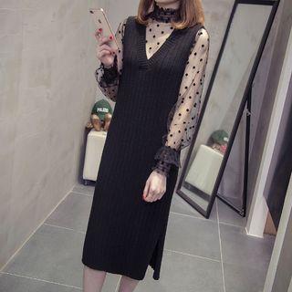 Set: Mesh Long-sleeve Top + V-neck Knit Pinafore Dress