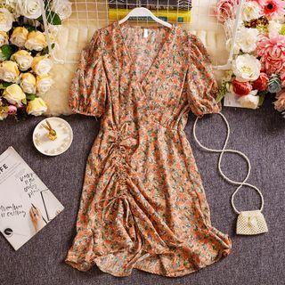 V-neck Drawstring Floral Print Dress