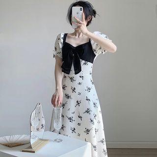 Short-sleeve Bow Floral Print Midi A-line Dress