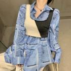 Long-sleeve Print Shirt / Cropped Two-tone Tank Top
