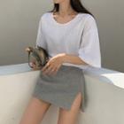 Elbow-sleeve T-shirt / Slit Mini Pencil Skirt
