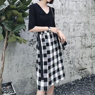 Set: Long-sleeve Perforated Knit Top + Midi Skirt