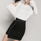 Set: Cold-shoulder Long-sleeve T-shirt + Mini Sheath Skirt