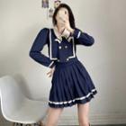 Set: Long-sleeve Double-breasted Bow Blouse + Pleated Mini A-line Skirt