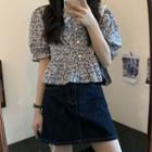 Floral Short-sleeve Shirt / Denim A-line Skirt