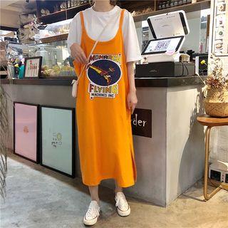 Elbow-sleeve T-shirt / Printed Strappy Midi Dress
