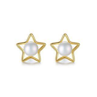 Sterling Silver Plated Gold Simple Fashion Star Stud Earrings With Freshwater Pearls Golden - One Size
