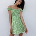 Patterned Off-shoulder Cap-sleeve Mini A-line Dress