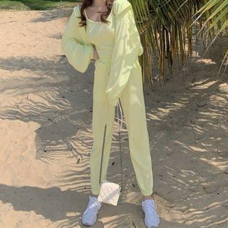 Set: Plain Camisole Top + Zip-up Hoodie + Sweatpants Set Of 3 - Greenish Yellow - One Size