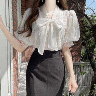 Scarf-neck Lace Blouse Ivory - One Size